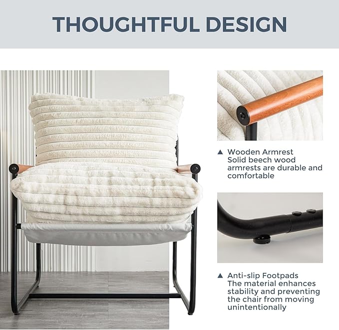 MAXYOYO Accent Chair, Sherpa Arm Chair for Living Room, Mid Century Modern Accent Chairs, Boucle Reading Bedroom Chair, Teddy Armchair, Wooden Arms Metal Frame