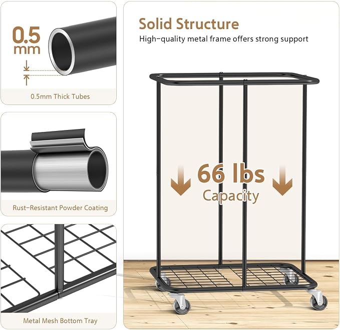 40 Gal Large Laundry Hamper with Lid, Rolling Laundry Basket with Wheels, Oxford Fabric Dirty Clothes Hampers with Removable Laundry Bag & Metal Frame for Bedroom, Laundry Room, Bathroom, Dorm(Black) - Image 5