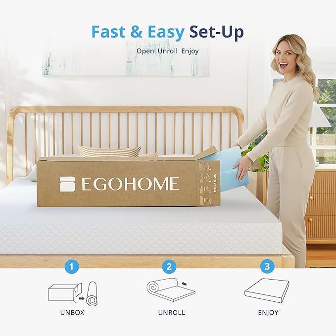EGOHOME 3 Inch King Memory Foam Mattress Topper, Cooling Gel Infused & Pressure Relieving Pad in a Box, Dorm Room Essentials, CertiPUR Certified, Blue