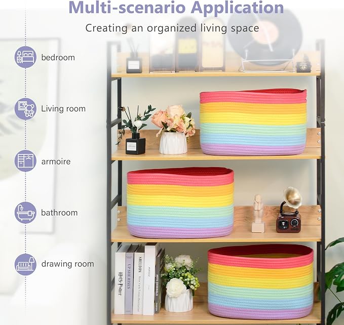 ECDYQXVU Cotton Rope Storage Basket, 15x10x9 Inches, Woven Basket for Shelves, Clothes, Towels, Books, and Laundry, Rainbow (2 Pack) - Image 7