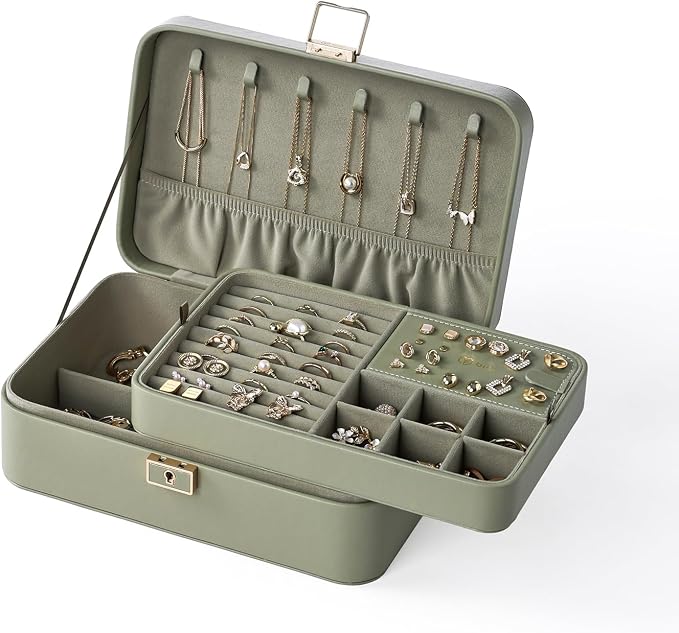 Jewelry Box, 2-Layer Jewelry Holder Organizer with Lock, Removable Jewelry Tray for Earrings Necklaces Bracelets, Green by biqimusse