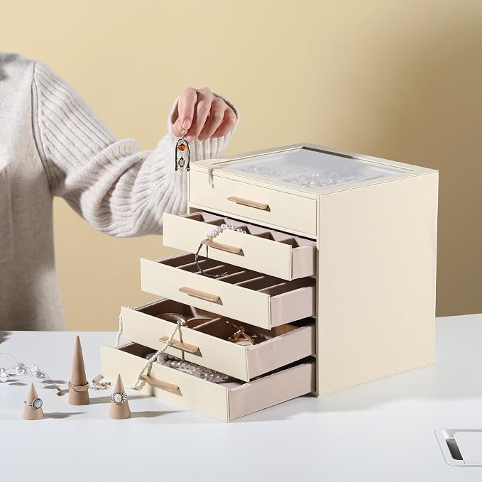 Frebeauty Clear Lid Jewelry Box,5-Layer Jewelry Organizer with Drawer,PU Leather Jewelry Organizers and Storage,Jewelry Boxes for Women,Jewelry Storage for Rings Earring Stud,Gift for Women(Beige) - Image 2