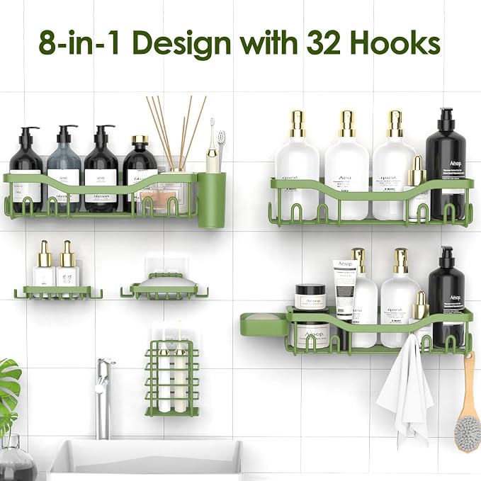 NESOMI Shower Caddy Adhesive Shower Organizer 8-Pack, Rustproof Stainless Steel Bathroom Shelves, Large Capacity No-Drill Rack Storage Accessories with Soap Dish Toothbrush Holder Hooks - Image 4