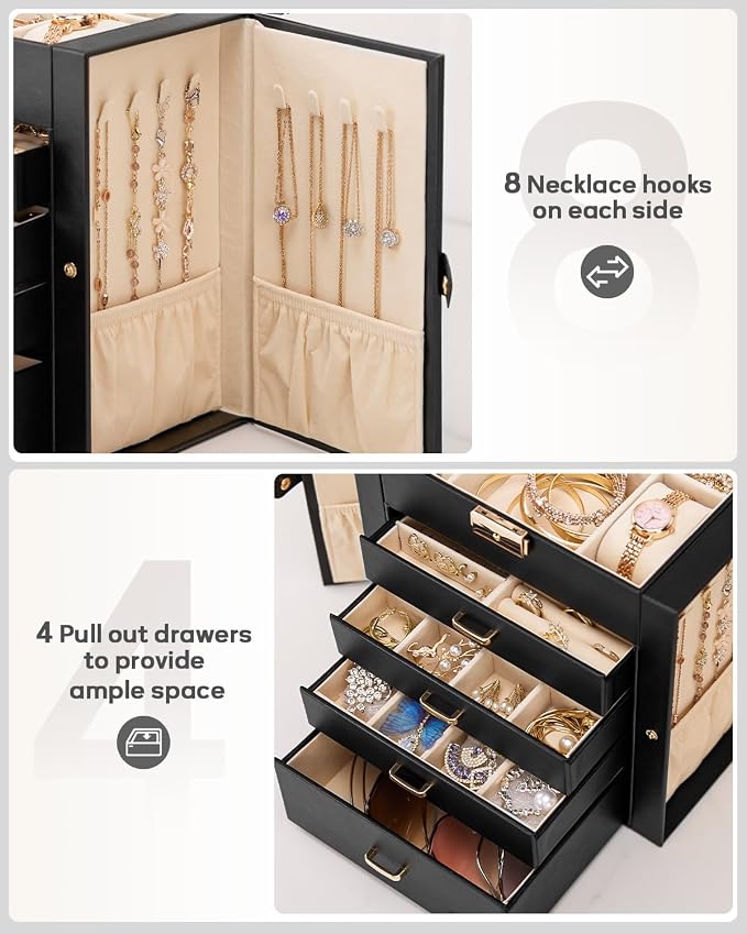 Homde Mothers Day Gifts Synthetic Leather Huge Jewelry Box Mirrored Watch Organizer Necklace Ring Earring Storage Lockable Gift Case (Black + Gold) - Image 5