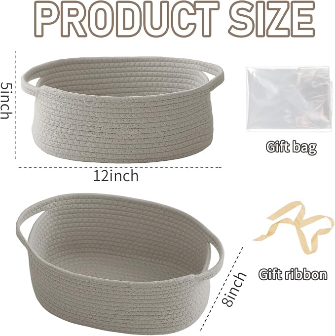 JMvicyroam Woven Basket,Small Rope Storage Bin with Handles & Ribbon Bag, Organizer for Shelves Closets,Gift Basket Empty for Birthday,Books,Dog Toys, Grey/2 Pack - Image 2