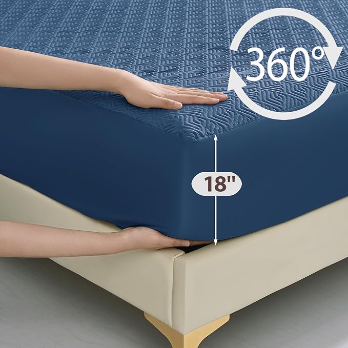 100% TPU Waterproof Mattress Protector Sets with 1 Fitted Sheet & 2 Pillowcases 18 Inches Deep Pocket Breathable Incontinence Pads for Adults Kids Elderly Pets (Blue, Queen)