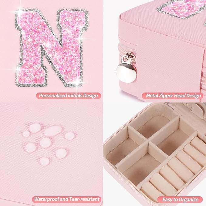 Uygafly Personalized Jewelry Case for Women Girls - Fashion Mini Jewelry Boxes - Trendy Travel Jewelry Organizer with Initials Letter - Teen Gifts | Pink,N - Image 4