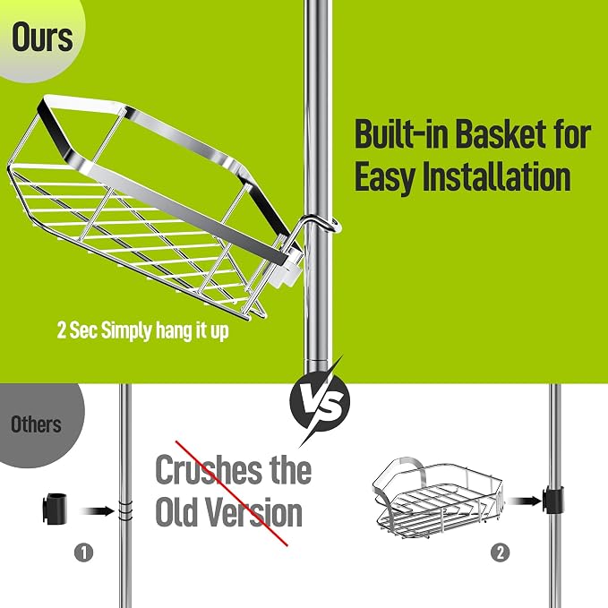 LAMU Shower Caddy Corner Tension Pole, Stainless Steel Shower Organizer, Strong Spring, 5 Adhesive Pads, 2.4 in Non-Slip Grid Base, Adjustable 4-Tier Basket, 4 Hooks, Fits Heights 37.8-124 in, Silver - Image 4
