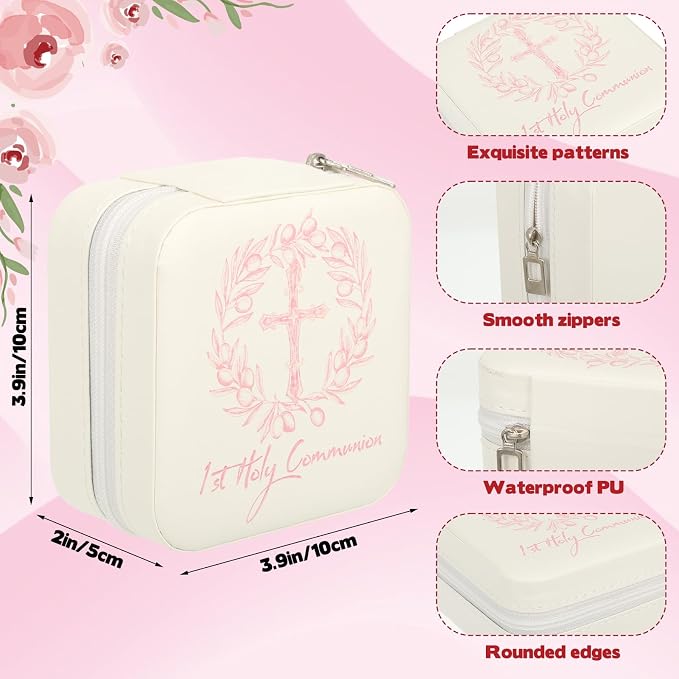First Communion Travel Jewelry Box, Small Zippered Jewelry Case with Soft Lining, White Square Keepsake Box for Rings Earrings Necklaces, Religious Keepsake Gift for Baptism or Wedding (1, White) - Image 2