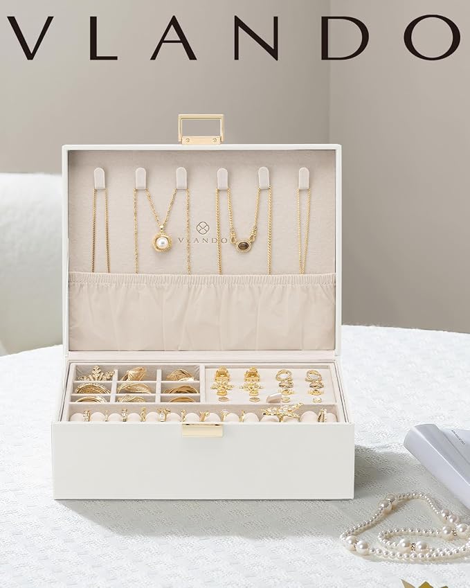 VLANDO Jewelry Box for Women, Gift for Women Girls,2 Layer Jewelry Box,Large Jewelry Organizer for Women Removable Jewelery Tray for Necklace Earrings Rings (Cloud White) - Image 6