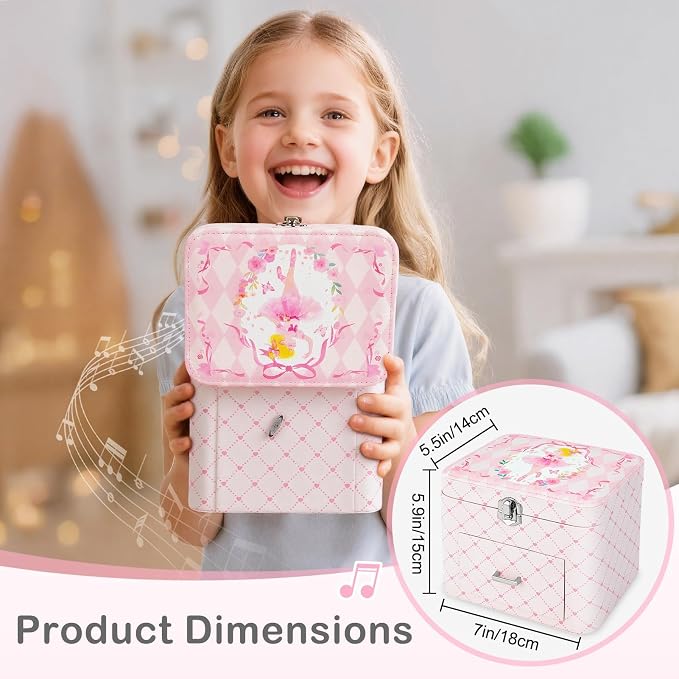 Basumee Musical Jewelry Box for Girls PU Leather Music Box with Drawer Large Kids Jewelry Organizer with Unicorn/Ballerina Jewelry Storage for Little Girls Ages 3–10, Birthday & Holiday Present - Image 2