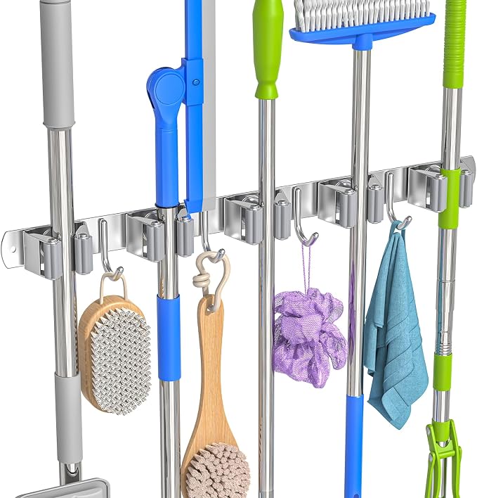 Broom Holder Wall Mount, Mop and Broom Organizer Broom Hanger Storage Tool Utility Racks Stainless Steel Wall Hooks Solid Mop Rack for Home Kitchen Garden Laundry Garage (5 Racks 4 Hooks) by Unknown