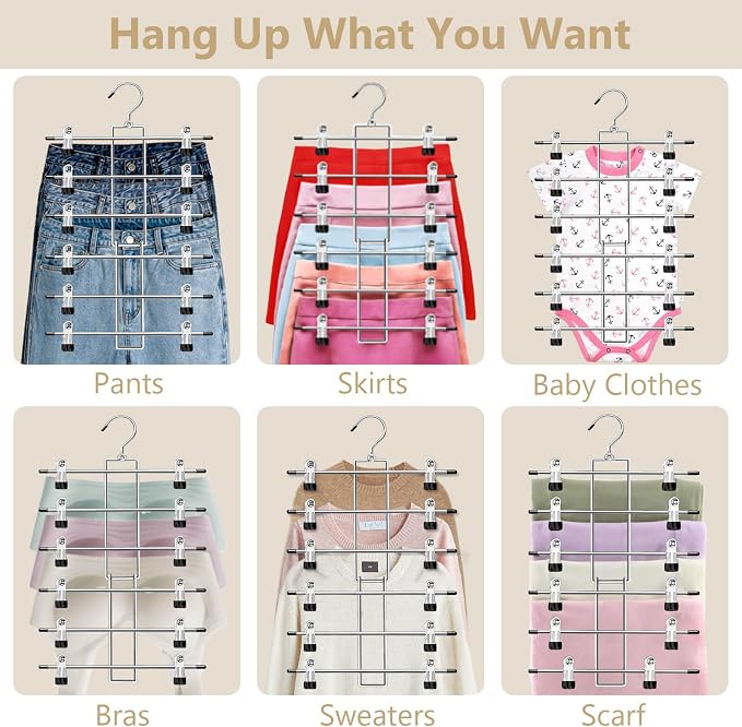Pants Hangers with Clips,Space Saving Hanging Closet Organizer-6 Tiers Skirt Hangers with 360° Swivel Hook,Closet Organizer-Clothes Hangers- College Dorm Essentials Apartment Essentials-2 Pack - Image 4