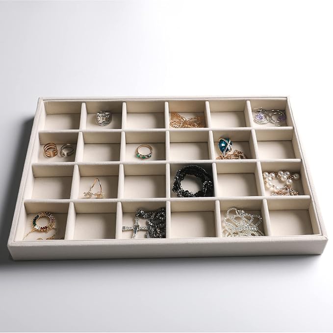 Frebeauty Stackable Velvet Jewelry Organizer Trays for Drawers Inserts Jewelry Storage Tray Display Case, Stud Earrings Bracelets Necklace Rings Accessories Trays for Women Girls(Set of 2 Beige) - Image 4