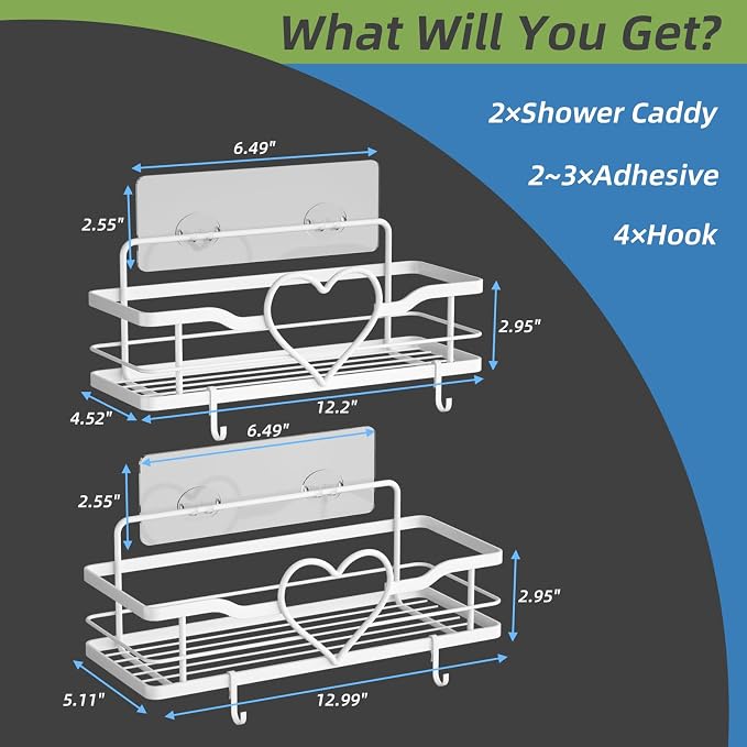 White Shower Caddy with 4 Removable Hooks, 2 Pack Sweet Heart Shower Shelves,No Drilling Adhesive Organizer Shelf for Bathroom Shower,Kitchen,Bedroom - Image 6