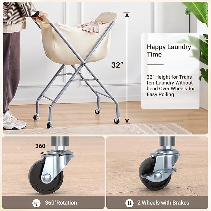 ELYKEN Laundry Cart with Wheels, 32”H Easy Rolling Laundry Hamper with Removable Liner Bag, Sturdy Metal Frame Clothes Basket with 4 Casters and 2 Brakes - Image 2