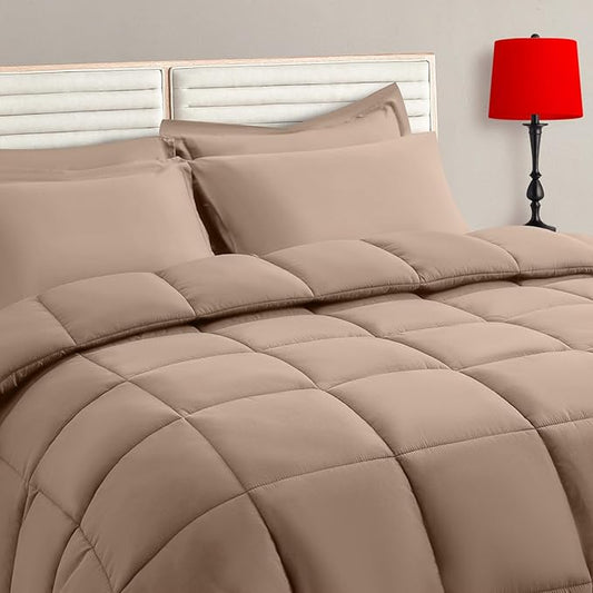TAIMIT Beige King Size Comforter Set - 7 Pieces, Bed in a Bag Bedding Sets with All Season Soft Quilted Warm Fluffy Reversible Comforter,Flat Sheet,Fitted Sheet,2 Pillow Shams,2 Pillowcases