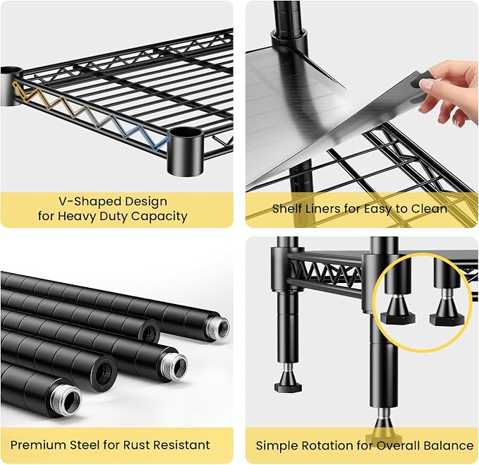 72" H Storage Shelves 5 Tier Wire Shelving with Shelf Liners, Adjustable Metal Garage Shelving, 1325LBS Heavy Duty Commercial Storage Rack for Pantry Kitchen, 35" W x 16" D x 72" H, Black - Image 7
