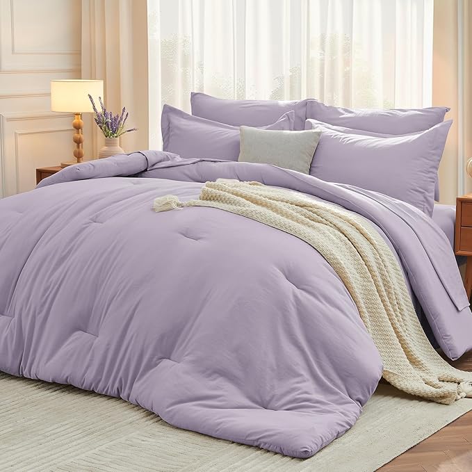 MUXHOMO 7 Pieces King Comforter Set, Soft Bed in a Bag King Size, All Season Bedding Set with Comforter, Flat Sheet, Fitted Sheet, Pillowcases & Shams, Lavender