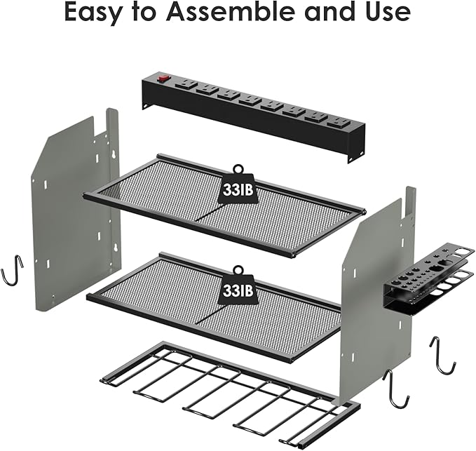 CCCEI Modular Power Tool Organizer Wall Mount with Charging Station. Garage Drill Storage Shelf with Hooks, Heavy Duty Rack, Tool Battery Holder Built in 8 Outlet. Gift for Men. Grey, 1 Pack. - Image 3