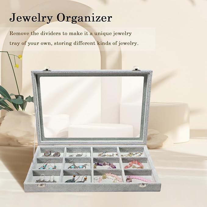 Stratalife Jewelry Holder Organizer Jewelry Organizer Box Bracelet Storage Velvet Jewelry Tray with Clear Lid Jewelry Drawer Organizer Jewelry Display Tray 12 Grid Grey - Image 2