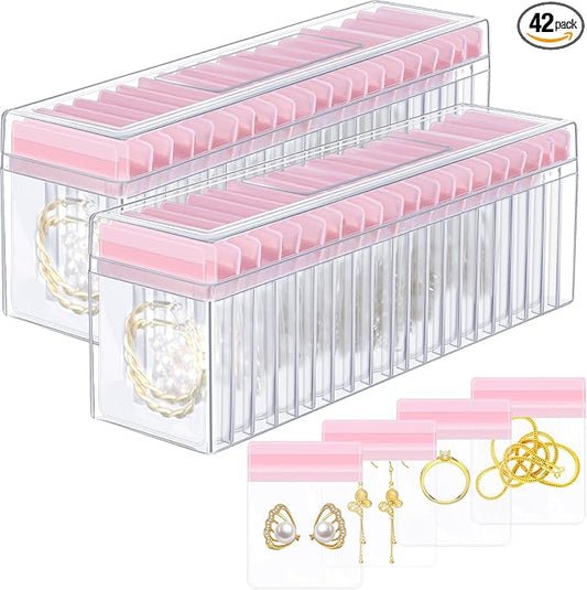 Kenning 42 Pcs Acrylic Jewelry Case Organizer, Clear Jewelry Organizers Holder with Portable Anti Tarnish Storage Bags for Rings, Earrings, Necklaces, Ideal Gifts for Women (Pink) by Kenning
