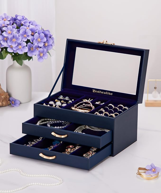 Enthralite Jewelry Box with 2 Drawers: Display Organizer for Earrings Necklaces - Gifts for Girls Women (Dark Blue) - Image 8