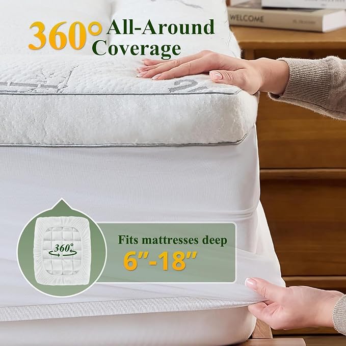 Memory Foam Mattress Topper - Viscose Made from Bamboo Pillow Top Thick Queen Size Mattress Pad for Back Pain, Ultra Soft & Cooling for Hot Sleepers, 6-18'' Deep Pocket, White