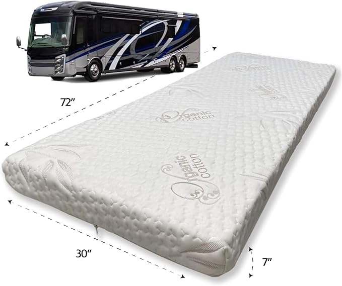 Foamma 7” x 30” x 72” Camper/RV Travel Gel Memory Foam Bunk Mattress, Organic Cotton Cover, Made in USA, Comfortable, Travel Trailer, CertiPUR-US Certified Foam