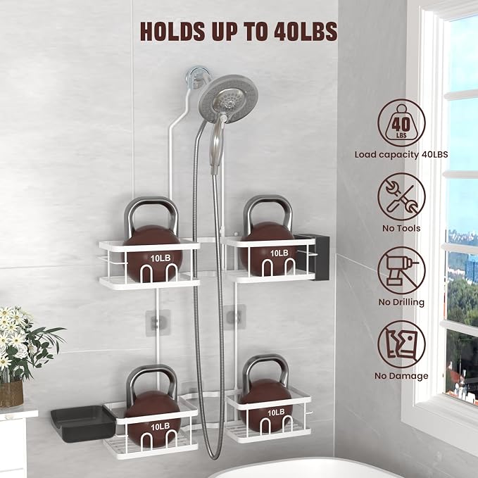 REINHARDT Adjustable Shower Caddy Hanging Rustproof Shower Caddy for Handheld Showerheads, Shower Organizer with Hooks Soap Holder Toothbrush Holder, Anti-Swing Shower Rack Bathroom Accessories, White - Image 3