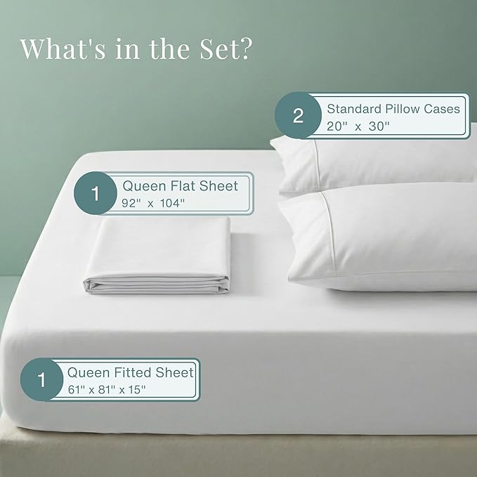 800 Thread Count Queen Sheet Set,100% Egyptian Cotton Sheets Queen Size Bed Set, Silky Sateen Weave White Sheets, Ultra-Soft Durable Hotel Luxury Bed Sheets with 15" Snug Fit Deep Pockets-White