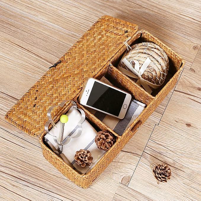 Seagrass Tank Basket with Lid Woven Toilet Roll Storage Basket with Sections Rectangular for Organize Snack Toys Tampon (Large Compartment 16.5inch L x 5.5inch W x 5.5inch H) Natural - Image 9
