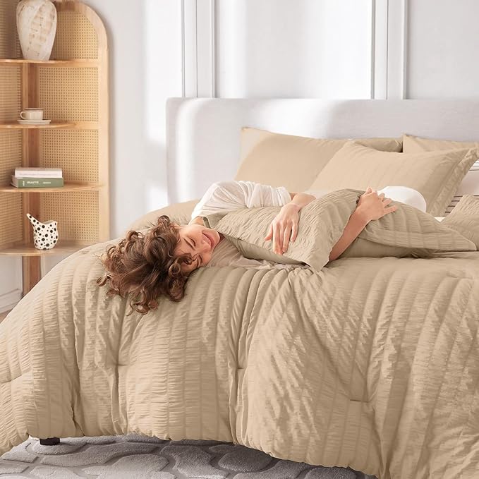 MUXHOMO 5 Pieces Twin XL Comforter Set, Seersucker Bed in a Bag Twin XL Size, All Season Luxury Bedding Set with Comforter, Flat Sheet, Fitted Sheet, Pillowcase & Sham, Khaki