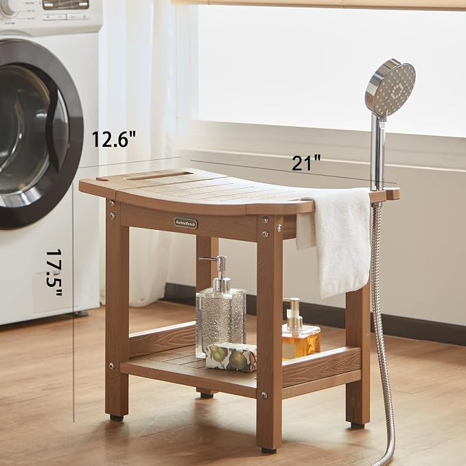 Poly Shower Stool for Inside Shower Waterproof, Shower Bench for Shaving Legs, Heavy Duty Plastic Bathroom Chair Seat with Handles & Adjustable Feet, Foot Rest, No Maintenance, Brown - Image 2