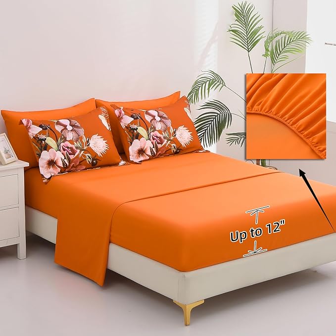 Luxudecor Terracotta Floral Comforter Set King Size 7 Piece, Flower Bed in a Bag, Elegant Floral Comforter with Sheet Set, Soft Microfiber Bedding Set for All Season (Terracotta, 104"x90")