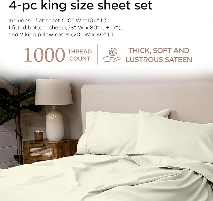 Threadmill Certified 100% American Supima Cotton Sheets, King-Sheets, 1000 Thread Count, 4 Piece Luxury Bed Sheets Set, Hotel Quality Sateen Weave, Ivory Sheet with Elasticized Deep Pocket