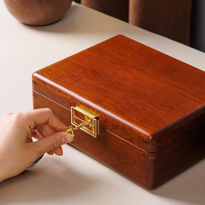Solid Walnut Wood Jewelry Box with Lock, 2 Layer Velvet Jewelry Organizer Storage for Earrings Rings Necklaces Bracelets Cufflink, Gift Idea for Men Women, Beige - Image 3
