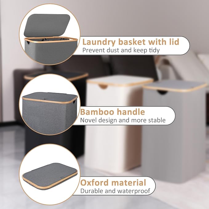 iEGrow 150L Laundry Hamper with Lid-Large Laundry Basket with Bamboo Handles, Grey Hampers for Laundry, Dirty Clothes Hamper with 2 Removable Inner Bags for Clothes Toys Towels - Image 4