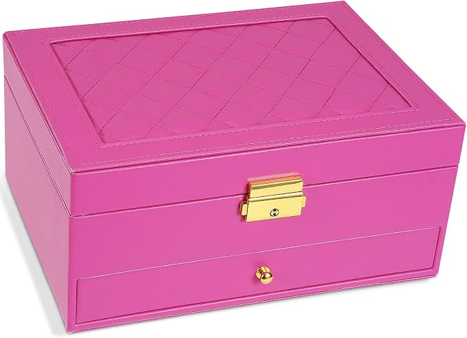 2-Layer Jewelry Box for women, jewelry organizers and storage with Removable Jewelry Tray, vintage quilted top Lockable Jewelry Holder Gift Idea Rose Red by Unimoly
