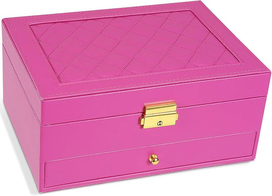 2-Layer Jewelry Box for women, jewelry organizers and storage with Removable Jewelry Tray, vintage quilted top Lockable Jewelry Holder Gift Idea Rose Red by Unimoly