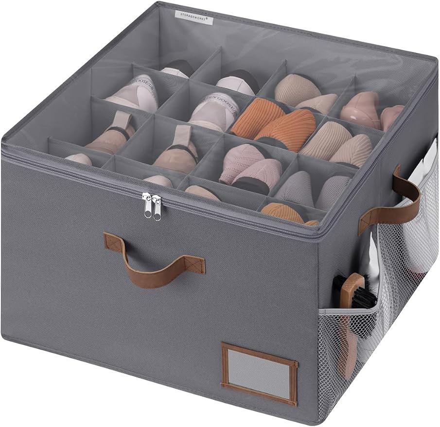 StorageWorks Shoe Organizer for Closet, Fabric Shoe Storage Boxes for Slippers and Sandals, Stackable Shoe Bins for Closet with Side Mesh Pockets, Holds Up to 16 Pairs, Grey by StorageWorks
