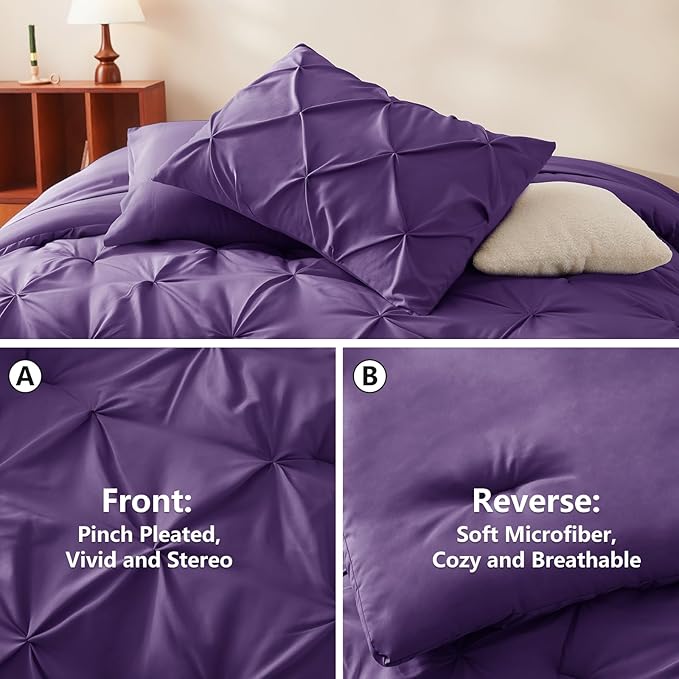CozyLux King Size Comforter Set Purple, 7 Pieces Pintuck Bed in A Bag Purple Comforter King Size, Pinch Pleat Bedding Set with All Season Comforter, Sheets, Pillowcases & Shams