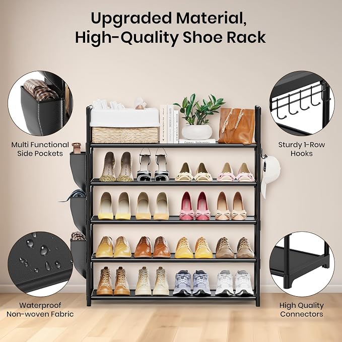 VILICK 5 Tier Shoe Rack with Hook and Side Pocket,Shoe Organizer Space Saver Storage for 20-25 Pair Shoe Storage Shelf Sturdy Free Standing Long Shoe Rack Organizer for Closet,Entryway,Small Spaces - Image 4