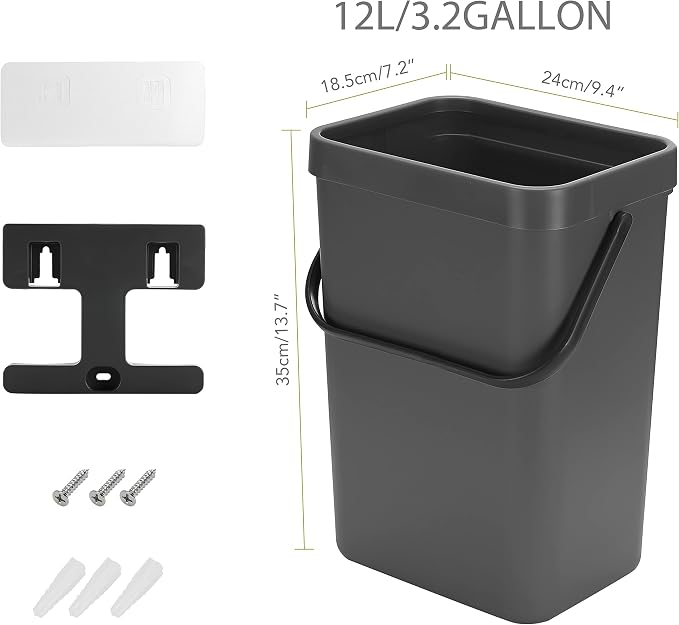 stonespace Under Sink Trash Can，Kitchen Compost Bin, Diaper Pail, 3.2 Gallon/12L Hanging Garbage Can for Baby Crib/Bathroom/Cupboard, Plastic Food Waste Bin,1 Pack Black - Image 7