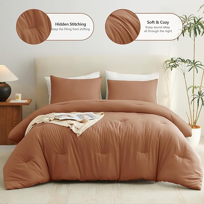 CozyLux King Size Comforter Set Pumpkin, 3 Pieces Solid Comforters King Size Breathable Quilted Bedding Sets, Fall Luxury Soft Lightweight Bed Set with Down Alternative Comforter and 2 Pillowcases
