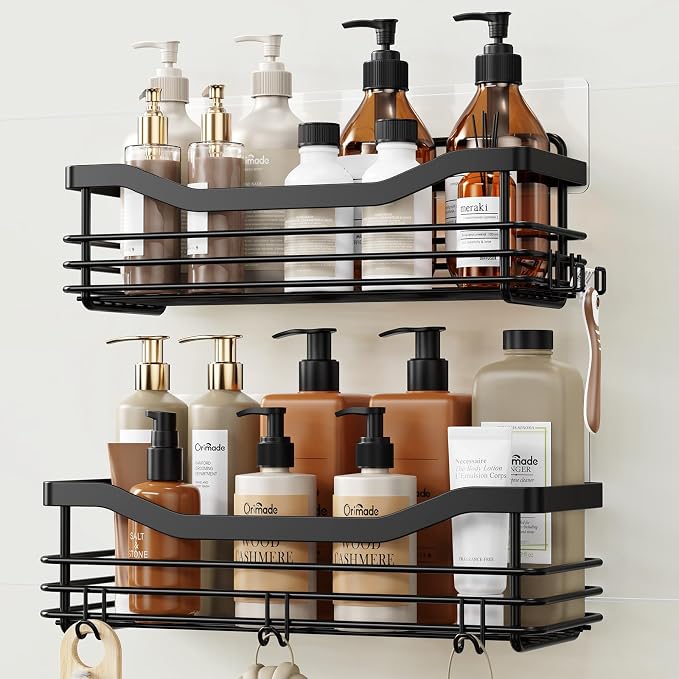 Orimade Shower Caddy Basket Shelf Storage Rack, No Drilling Wall Mounted Adhesive Rust Resistant Stainless Steel Shower Organizer with 5 Hooks for Bathroom, Black 2 Pack by Orimade