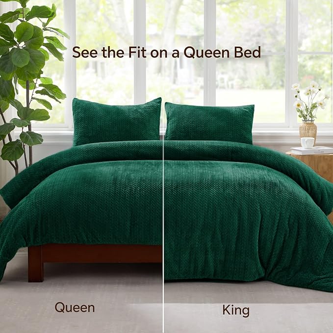 Flannel Fleece Comforter King Set - Furry Green Leaves Pattern Faux Fur Bed Set, Winter Ultra Soft Fuzzy Comfort Set, Velvet Bedding Set for Bed with 2 Pillow Cases