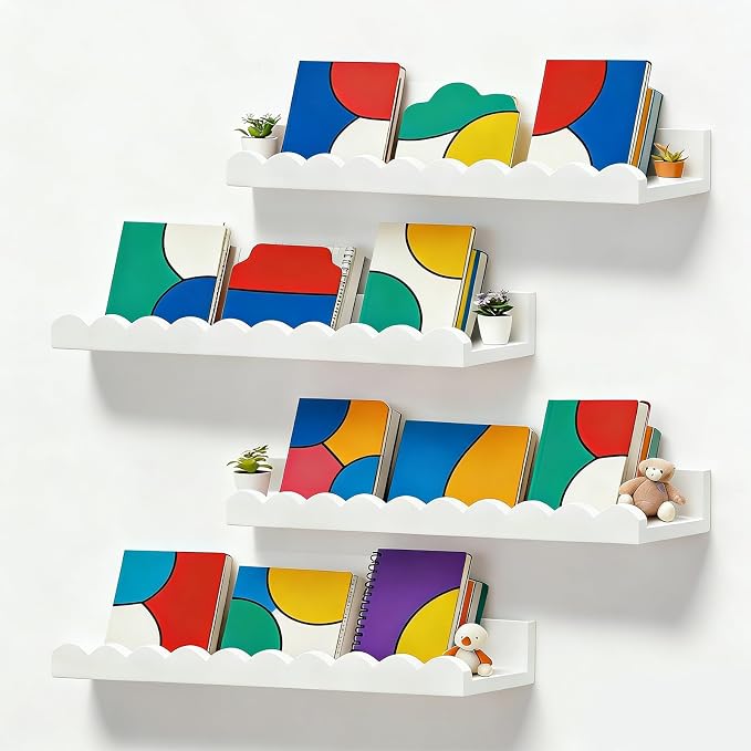 Nursery Book Shelves, Set of 4 Floating Book Shelves, Scalloped Wall Bookshelf for Bedroom, White Decor for Nursery, Baby, Toddler Room by Unknown