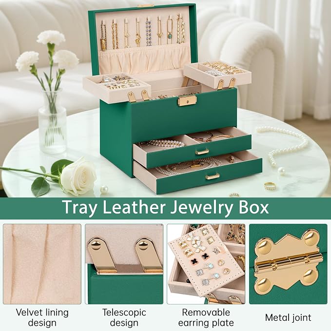 AKOZLIN Travel Jewelry Box Organizer Functional 2-trays Leather Jewelry Storage Case with Lockable Portable 2 Drawers for Women Girls Ring Necklace Earring Bracelet - Image 3