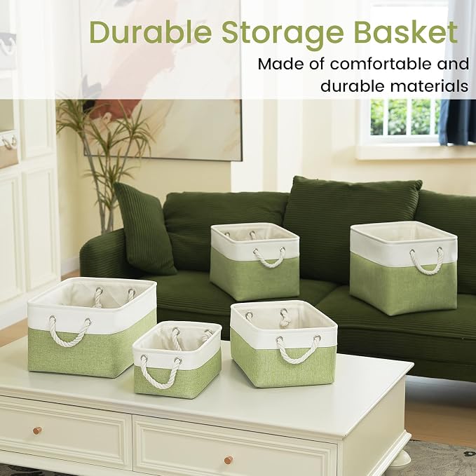 Large Storage Baskets- 15x11x10 inch Storage Bins for Shelves and Closet Organizing, Foldable Fabric Bin for Home Organization Clothes and Laundry (6-Pack, White&Green) - Image 7